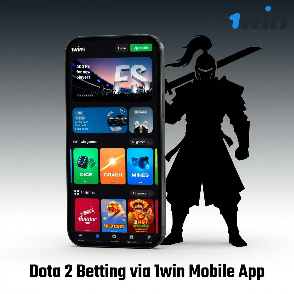 Mobile phone displaying 1win app interface with Dota 2 betting markets and live match odds on touchscreen